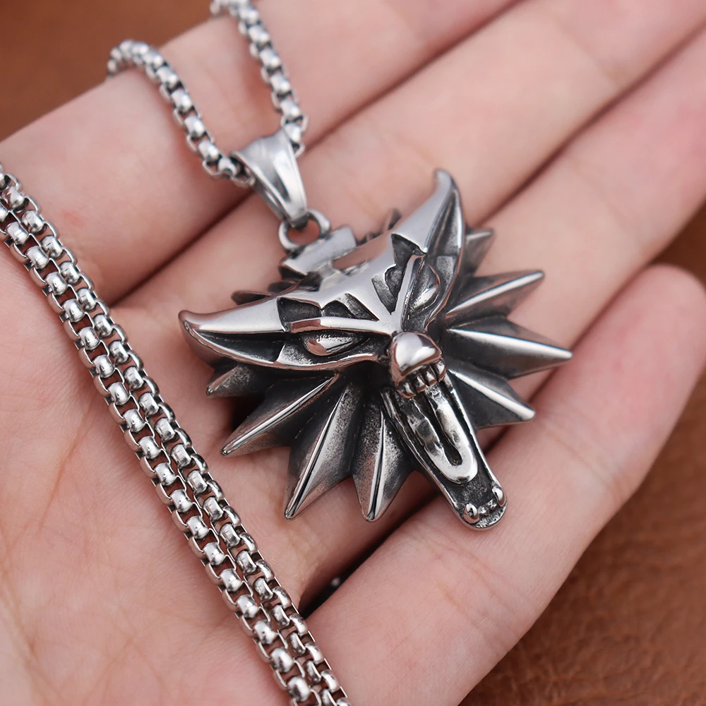 Stainless Steel Wizard 3 Wolf Head Pendant Retro Style Geralt of Rivia Men's Necklace Popular Medieval Witcher Jewelry Wholesale thumbnail 3