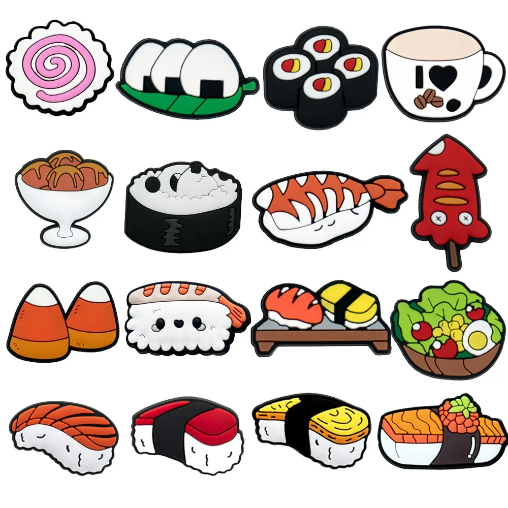 1/16pcs Food Shoe Charms Sushi Rice Ball Squid Coffee Shoe Clips Accessories Decorations Pins Clog Jeans for Kids Women Gift thumbnail 2
