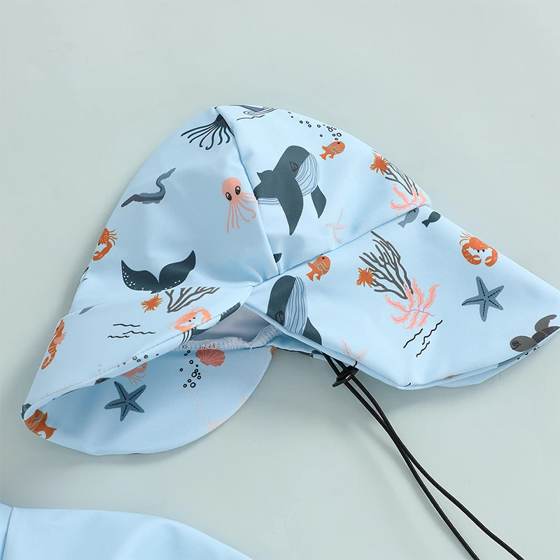 Kids Boys Long Sleeve Swimwear Casual Marine Animal Print Zipper Rash Guard Swimsuit and Hat Beachwear Bathing Suit thumbnail 5