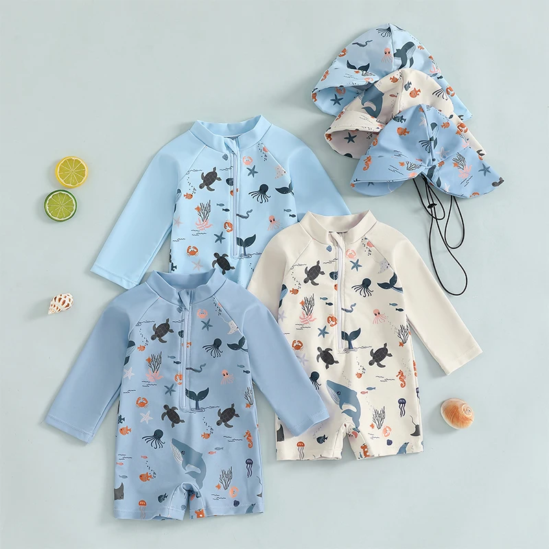 Kids Boys Long Sleeve Swimwear Casual Marine Animal Print Zipper Rash Guard Swimsuit and Hat Beachwear Bathing Suit thumbnail 2