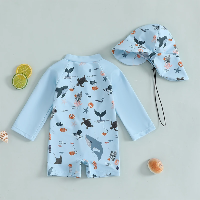 Kids Boys Long Sleeve Swimwear Casual Marine Animal Print Zipper Rash Guard Swimsuit and Hat Beachwear Bathing Suit thumbnail 4