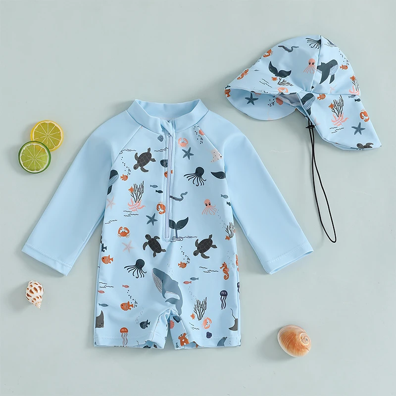 Kids Boys Long Sleeve Swimwear Casual Marine Animal Print Zipper Rash Guard Swimsuit and Hat Beachwear Bathing Suit thumbnail 3
