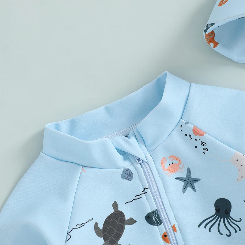 Kids Boys Long Sleeve Swimwear Casual Marine Animal Print Zipper Rash Guard Swimsuit and Hat Beachwear Bathing Suit thumbnail 6