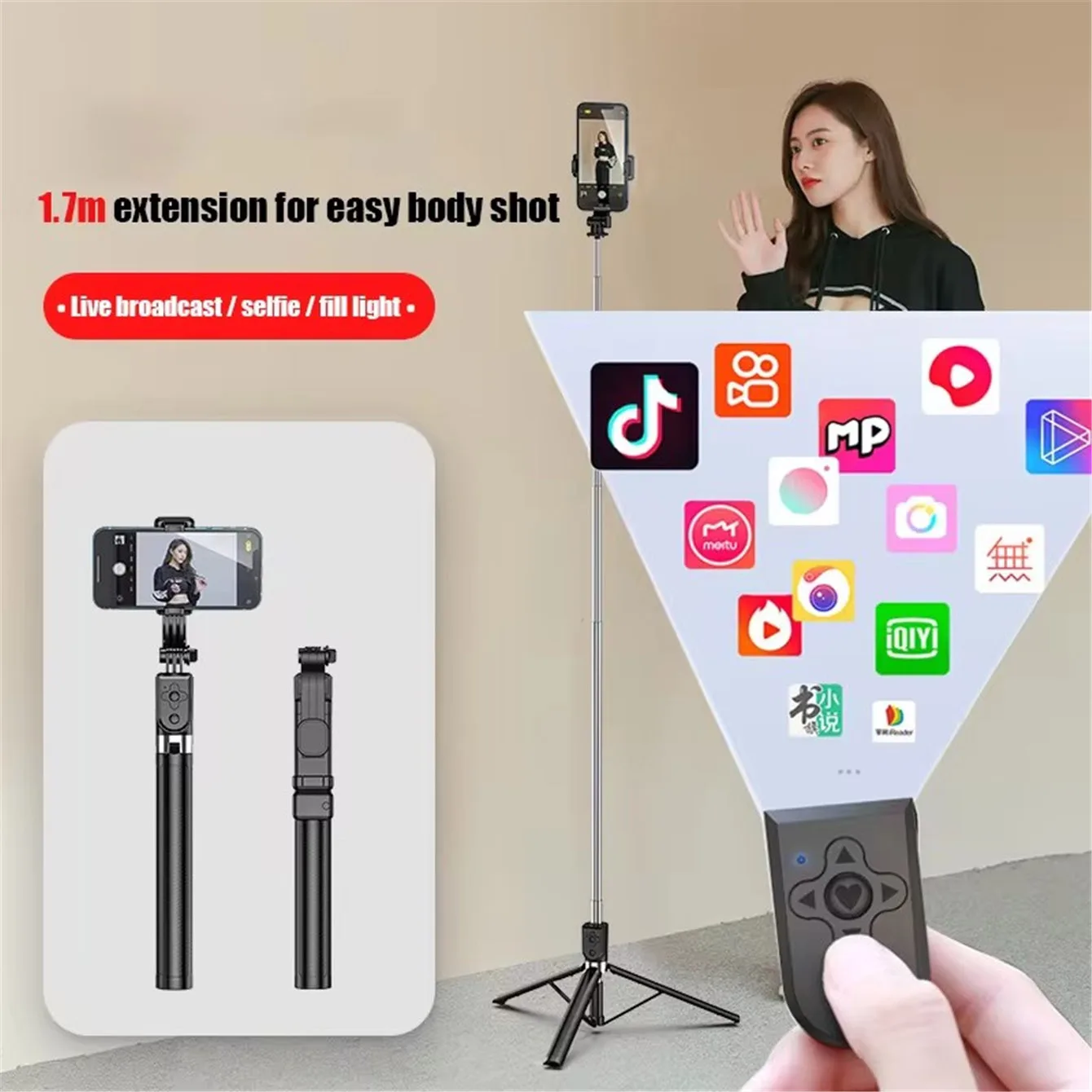 1.67M Long Extended Bluetooth Wireless Selfie Stick Live Broacast Stand Holder Tripod Foldable With Fill Light For Smartphones thumbnail 5