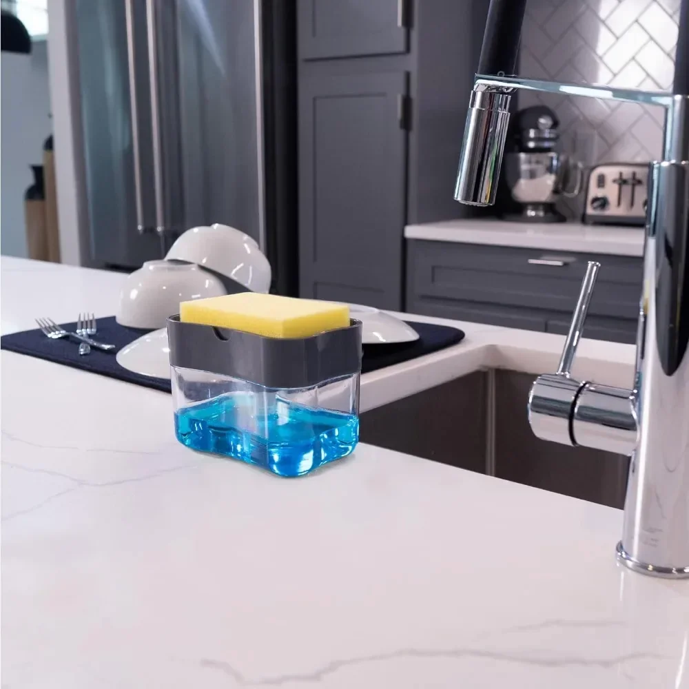 Soap Dispenser 2 In 1 Dishwashing Sponge Holder Kitchen Sink Dish Washing Soap Pump Dispenser Sponge Caddy thumbnail 4