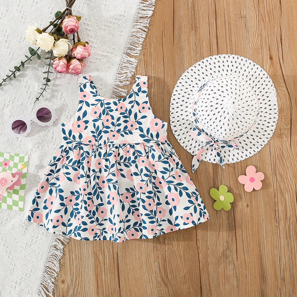 2 Pcs Girls' Summer New Dress Round Neck Cute Back Big Bow Cotton Skirt Comes with Hat for Children's Clothing thumbnail 2