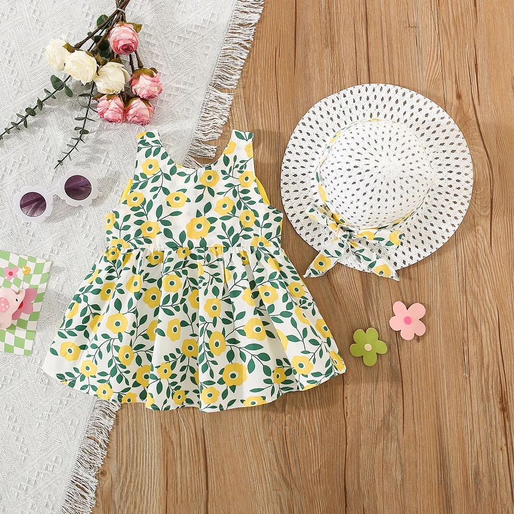 2 Pcs Girls' Summer New Dress Round Neck Cute Back Big Bow Cotton Skirt Comes with Hat for Children's Clothing thumbnail 4