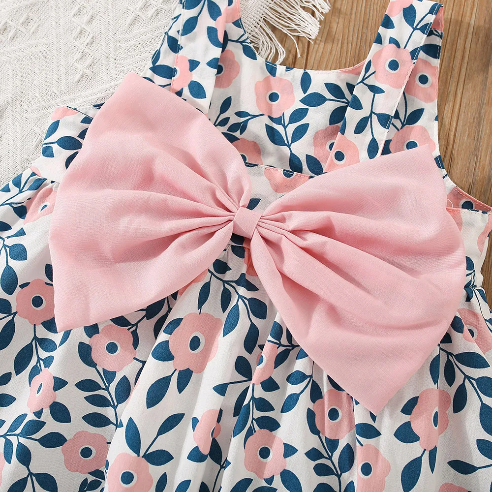 2 Pcs Girls' Summer New Dress Round Neck Cute Back Big Bow Cotton Skirt Comes with Hat for Children's Clothing thumbnail 5