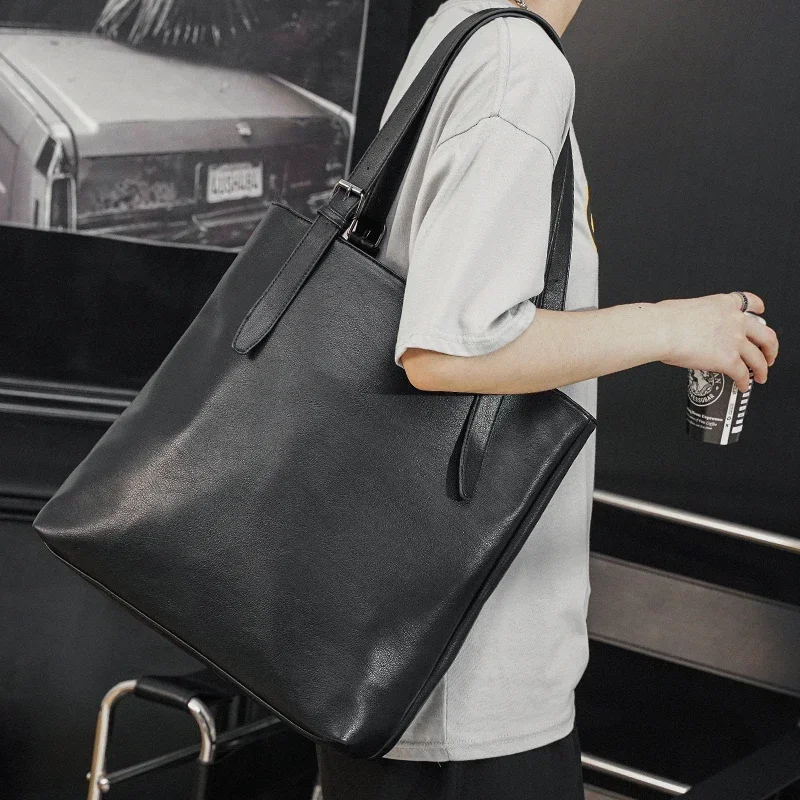 Soft Leather Tote Bag for Men Japanese Korea Style Business Casual Street Handbag Male Large Capacity Zipper Laptop Underam Bags thumbnail 2