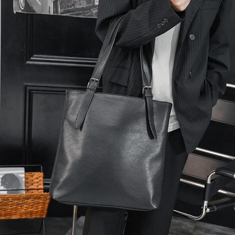 Soft Leather Tote Bag for Men Japanese Korea Style Business Casual Street Handbag Male Large Capacity Zipper Laptop Underam Bags thumbnail 3