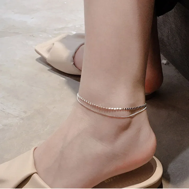 925 Sterling Silver New Trendy Double Layer Round Brand Anklet bracelet Female Simple Temperament Sexy Hot Chain Jewelry thumbnail 3
