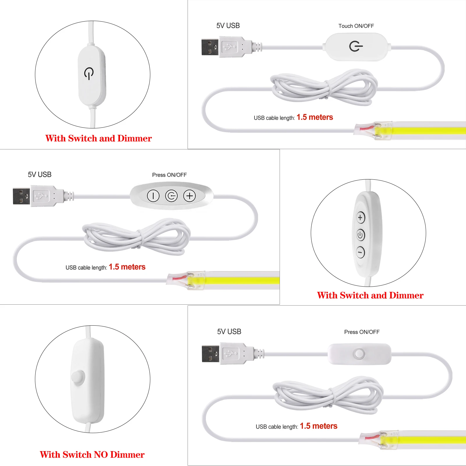 New 5V LED COB Light Strip Dimmable With Touch Sensor/ON OFF Switch USB Flexible LED Tape Christmas TV Backlight Adhesive Tape thumbnail 3