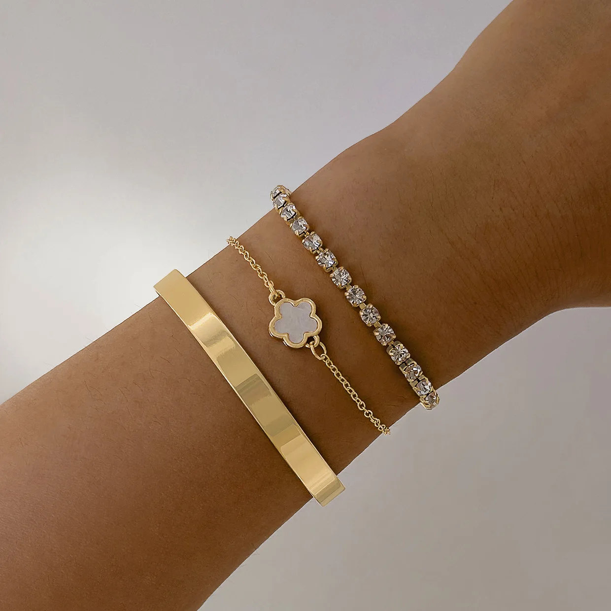 3Pcs/ Set Bohemia Minimalism Metal Rhinestone Chain Bracelet Set for Women Metal Bangle Gold Color Jewelry Gifts