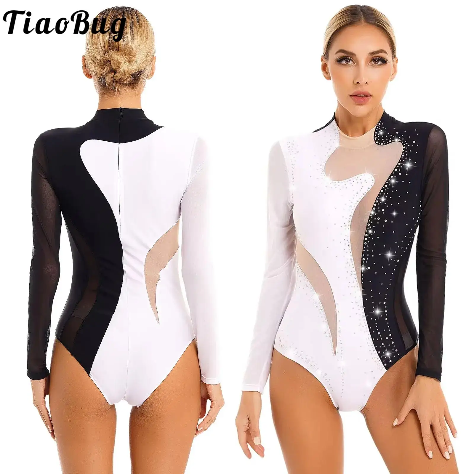 Women Shiny Rhinestones Mesh Ballet Dance Leotard Figure Skating Gymnastics Acrobatics Bodysuit Stage Performance Dancewear