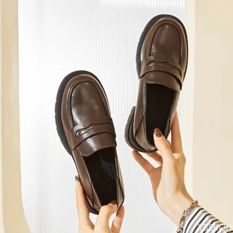 Women's Casual leather Shoes Fashion Thick soled Pumps Solid Color Breathable Loafers Fashion comfort ladies high heels Zapatos thumbnail 2