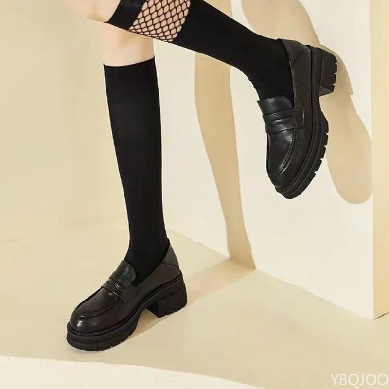 Women's Casual leather Shoes Fashion Thick soled Pumps Solid Color Breathable Loafers Fashion comfort ladies high heels Zapatos thumbnail 5
