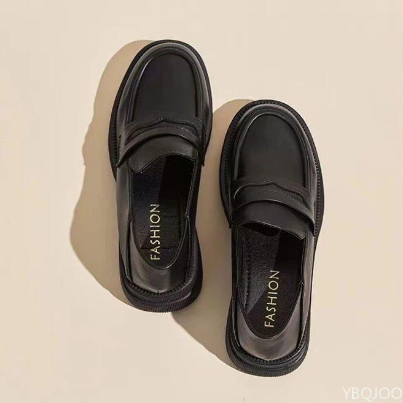 Women's Casual leather Shoes Fashion Thick soled Pumps Solid Color Breathable Loafers Fashion comfort ladies high heels Zapatos thumbnail 3