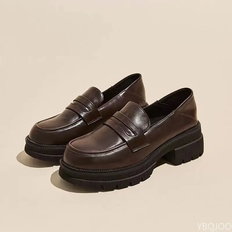 Women's Casual leather Shoes Fashion Thick soled Pumps Solid Color Breathable Loafers Fashion comfort ladies high heels Zapatos thumbnail 4
