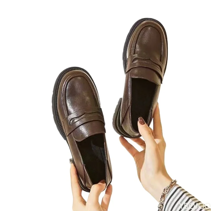 Women's Casual leather Shoes Fashion Thick soled Pumps Solid Color Breathable Loafers Fashion comfort ladies high heels Zapatos thumbnail 6