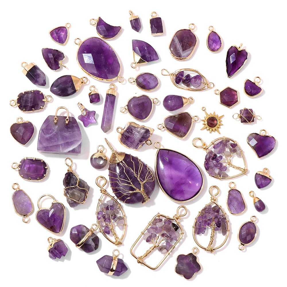 2PCS Natural Amethyst Pendant Charms Purple Crystal Star Sun Water Drop Shape For DIY Making Jewelry Necklace Bracelet thumbnail 2