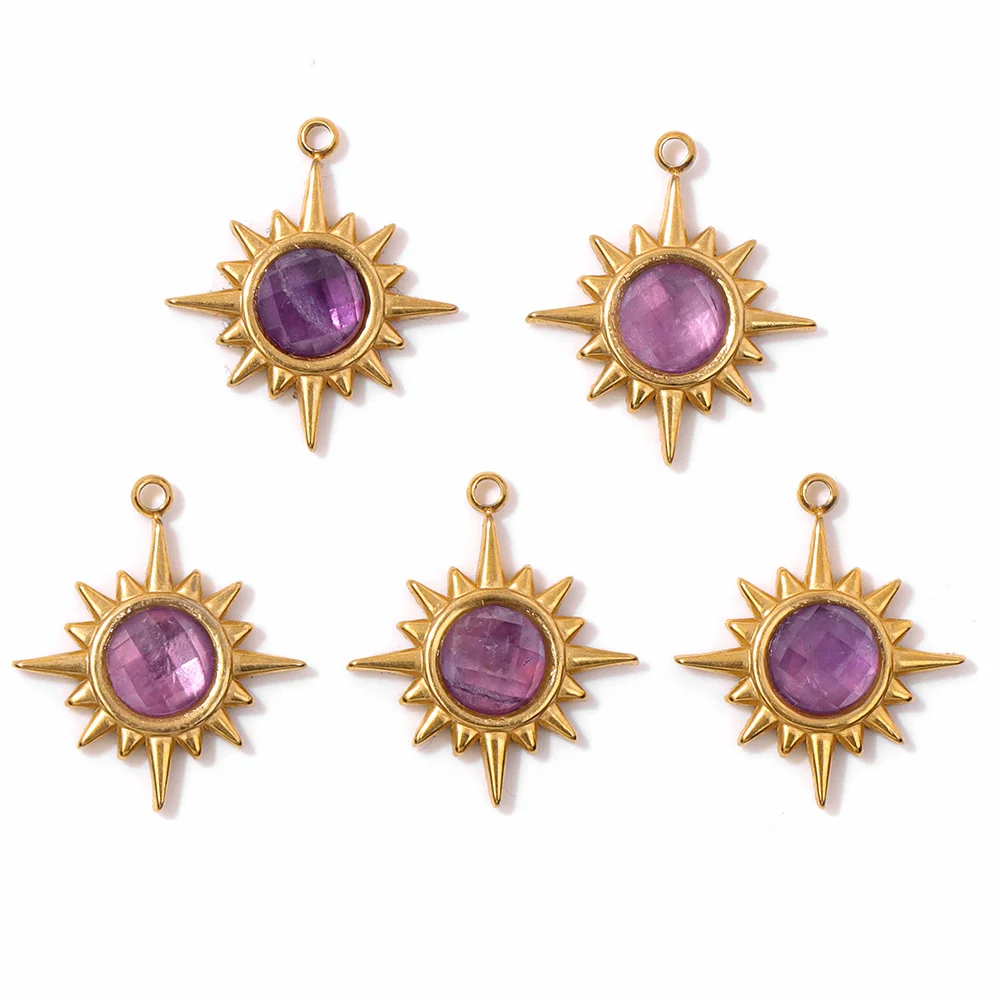 2PCS Natural Amethyst Pendant Charms Purple Crystal Star Sun Water Drop Shape For DIY Making Jewelry Necklace Bracelet thumbnail 3