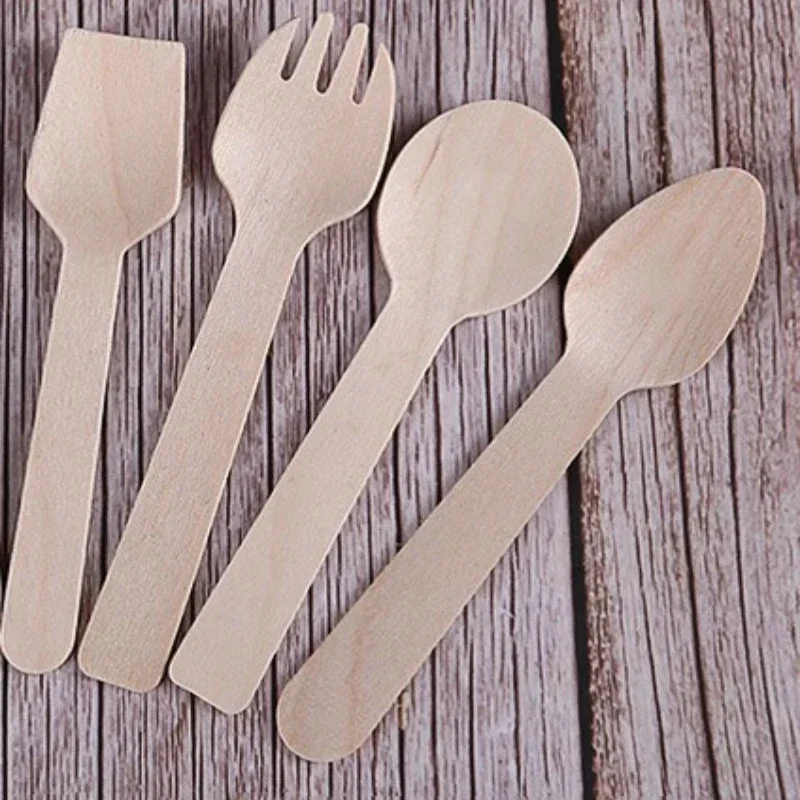 100Pcs Disposable Mini Wooden Spoon Fruit Dessert Forks Spoons Ice Cream Spoon Western Wedding Party Tableware Kitchen Accessory thumbnail 2