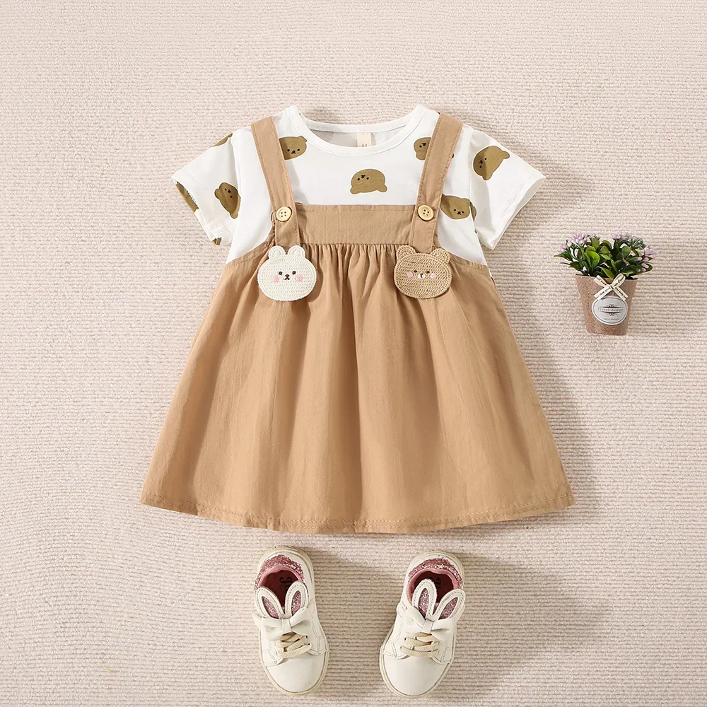 Summer Baby Girl Cotton Teddy Bear Printed Short Sleeved Dress For Girls Fake Two-Piece Strap Dress Cute Dress
