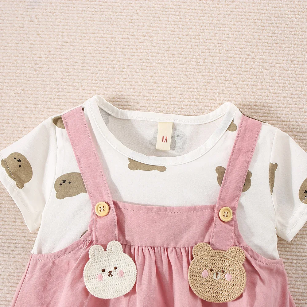 Summer Baby Girl Cotton Teddy Bear Printed Short Sleeved Dress For Girls Fake Two-Piece Strap Dress Cute Dress thumbnail 6