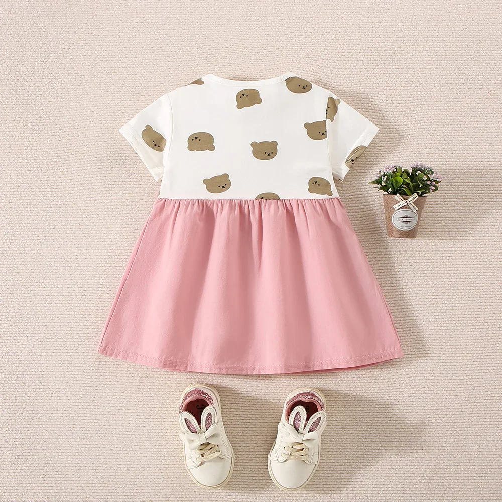 Summer Baby Girl Cotton Teddy Bear Printed Short Sleeved Dress For Girls Fake Two-Piece Strap Dress Cute Dress thumbnail 5