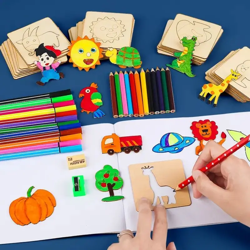 20-Pack Montessori Kids Painting Toys Toddler Doodle Educational Toys Wooden DIY Painting Stencils Jigsaw Puzzle Educational Toy thumbnail 5