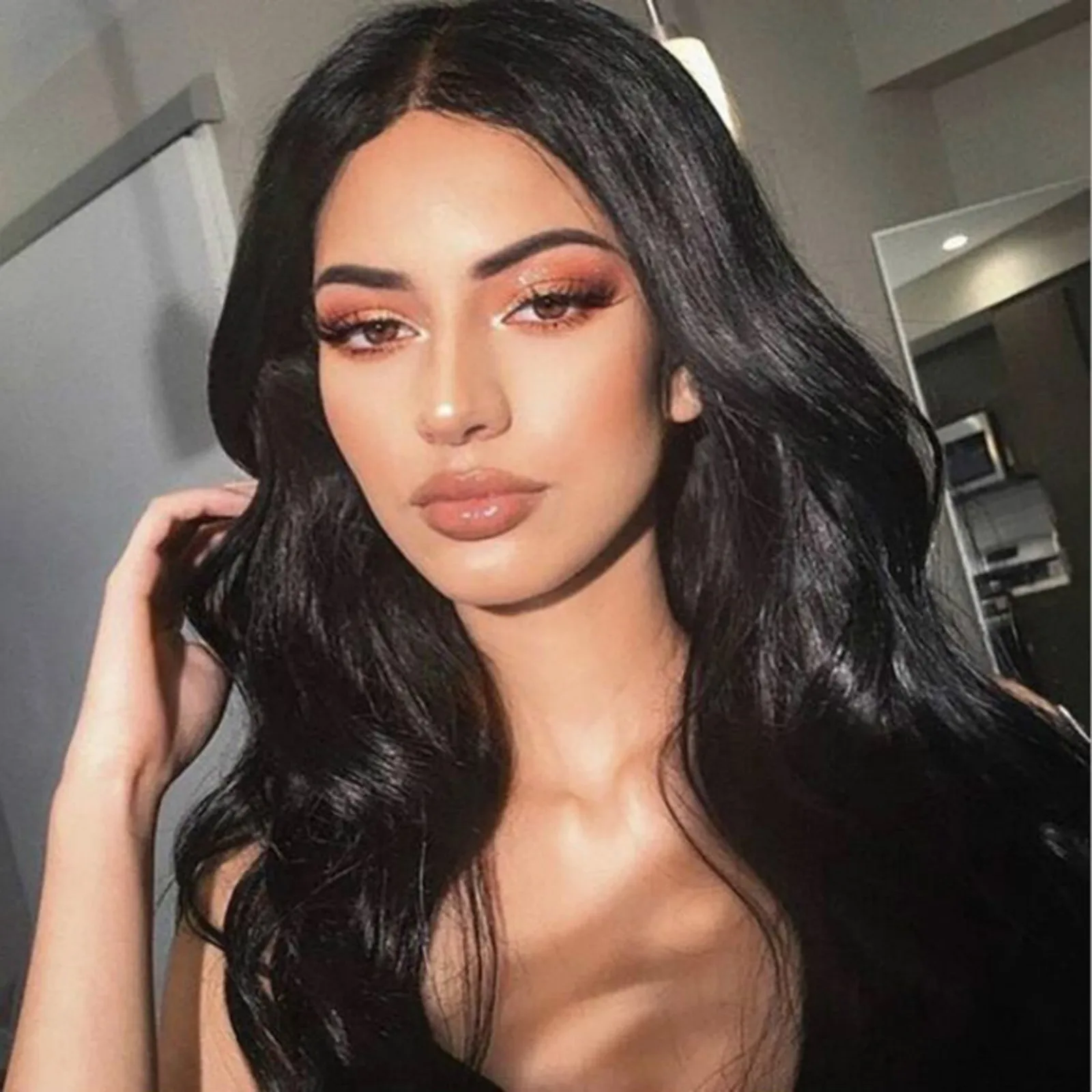 Synthetic Wig Long Lace Black Wavy Wig for Women Middle Part Curly Natural Looking Heat Resistant Fiber for Daily thumbnail 5
