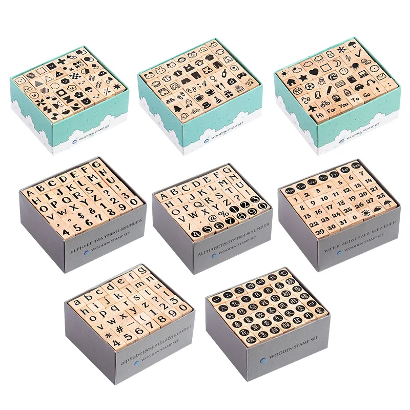 42Pcs Wooden Seals Assorted Stamp Numbers, Letters  Geometric Figures, Small Expressions, Happy Party Series Handbook Seals thumbnail 5