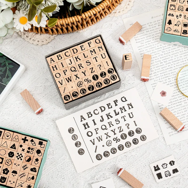 42Pcs Wooden Seals Assorted Stamp Numbers, Letters  Geometric Figures, Small Expressions, Happy Party Series Handbook Seals thumbnail 2