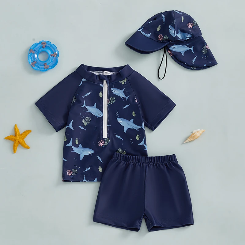 Baby Boys Swimsuit Set Summer Cute Print Zipper Short Sleeve Rash Guard and Swim Trunks and Hat Swimwear Beachwear thumbnail 2