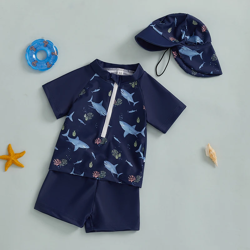 Baby Boys Swimsuit Set Summer Cute Print Zipper Short Sleeve Rash Guard and Swim Trunks and Hat Swimwear Beachwear thumbnail 4