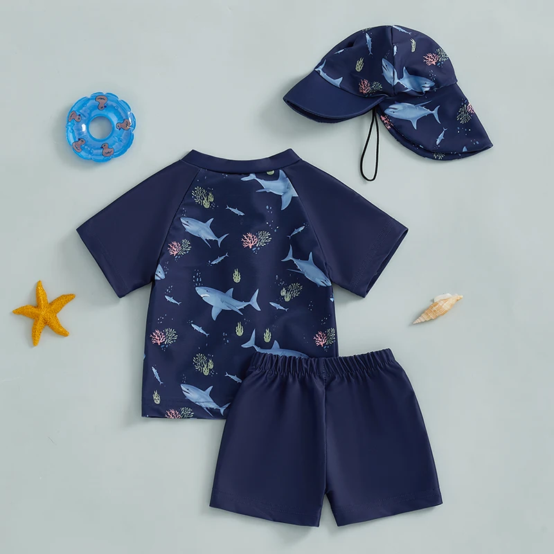 Baby Boys Swimsuit Set Summer Cute Print Zipper Short Sleeve Rash Guard and Swim Trunks and Hat Swimwear Beachwear thumbnail 3