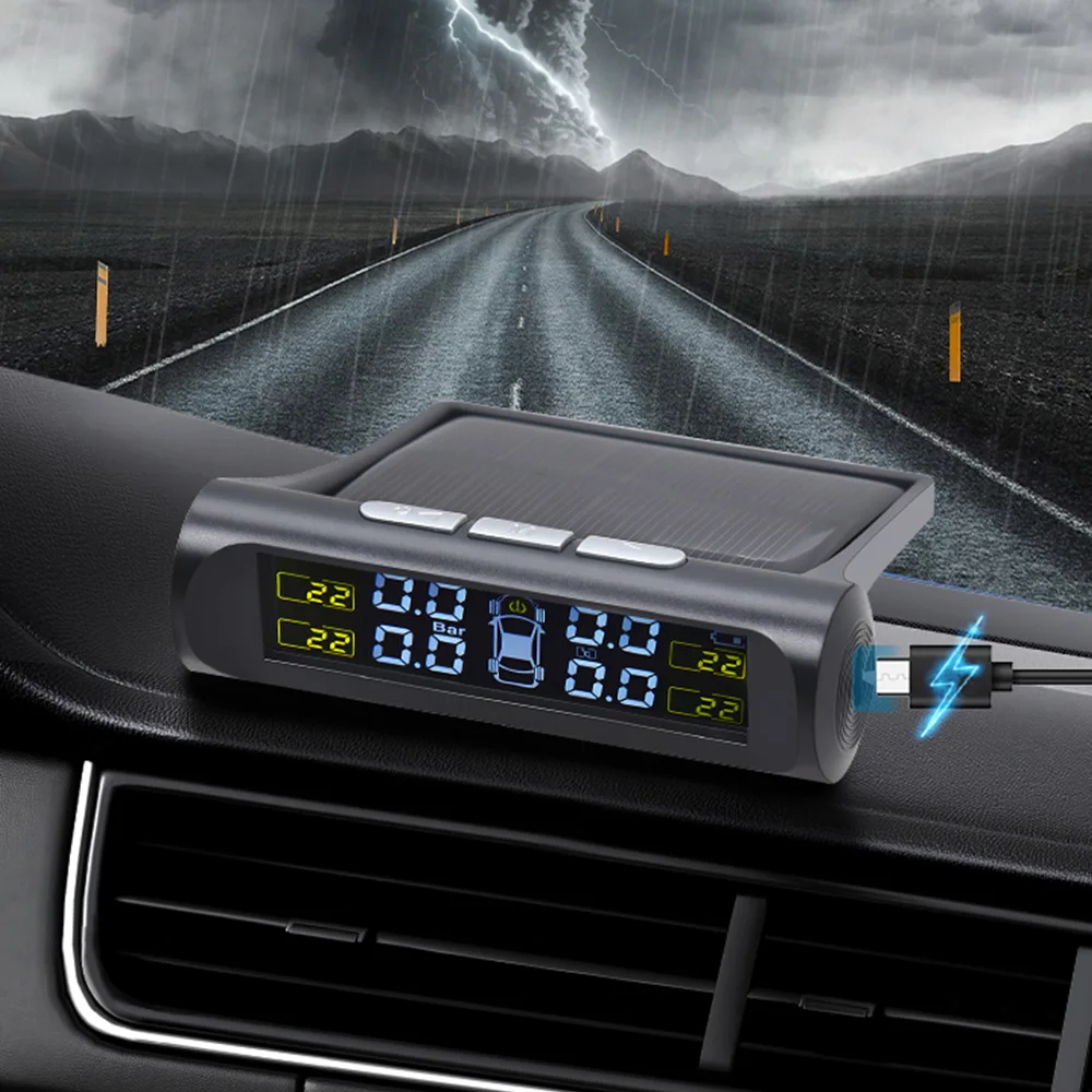 Tire Pressure Monitoring System With 4 TPMS sensor Solar Powered Digital LCD Display Auto Security Alarm Tire pressure sensor thumbnail 3