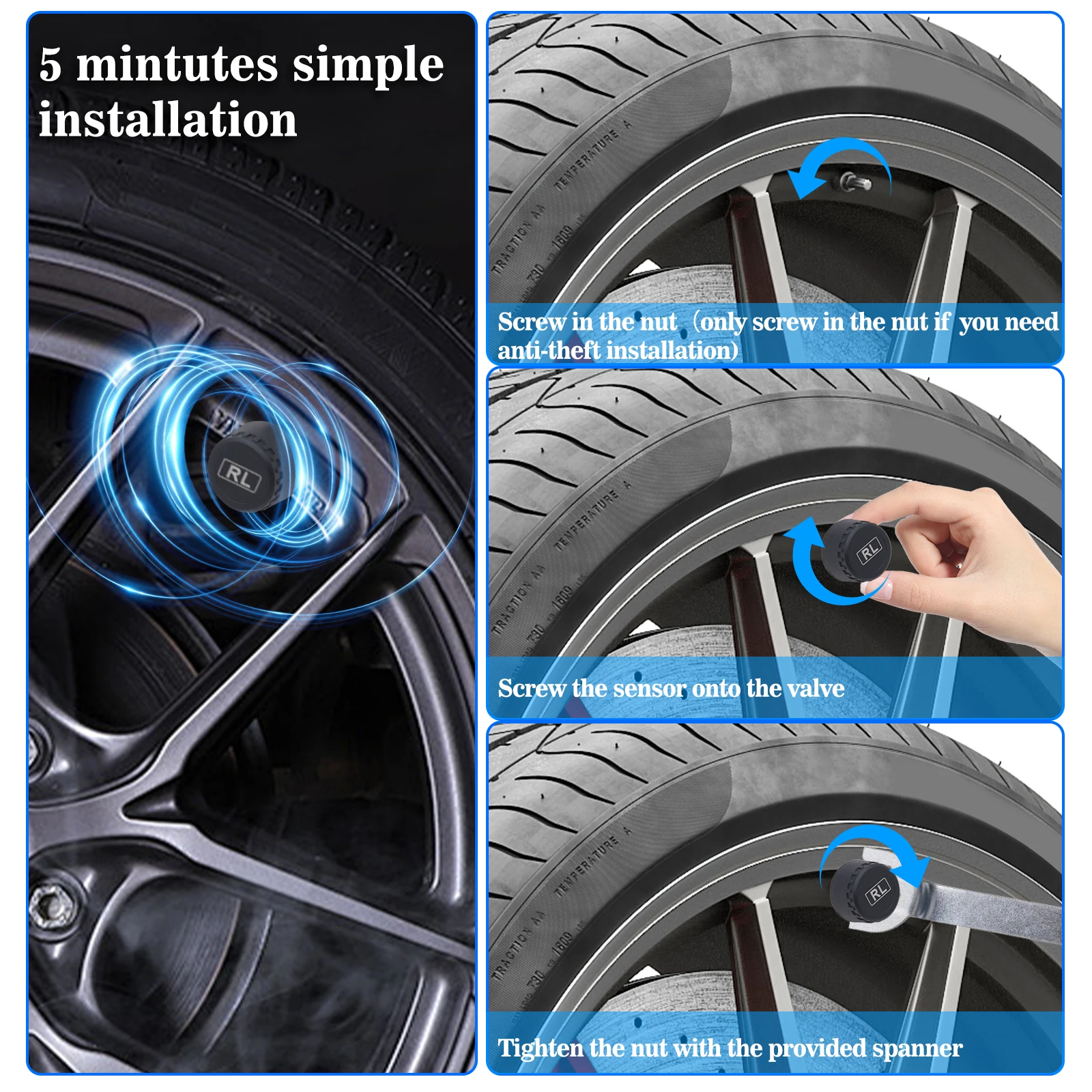 Tire Pressure Monitoring System With 4 TPMS sensor Solar Powered Digital LCD Display Auto Security Alarm Tire pressure sensor thumbnail 6