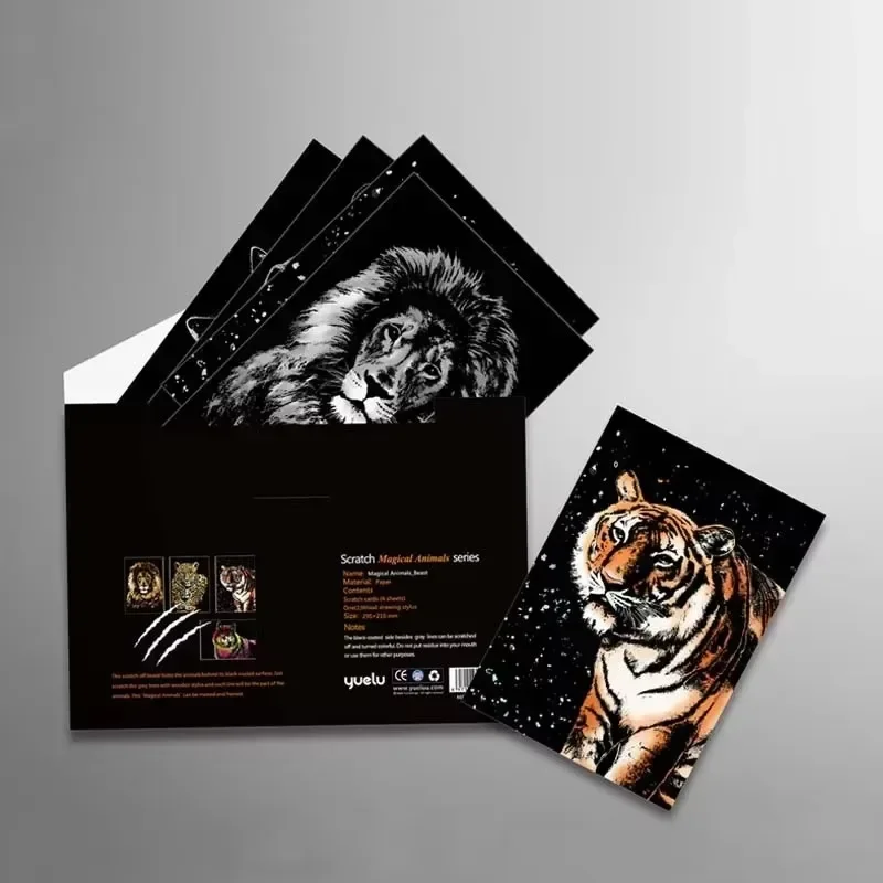 4 Pcs/Set A4 DIY Manual Scraping Painting Colorful Realistic Cartoon Animals Lion Wolf Flamingo Night View Scratch Drawing thumbnail 5