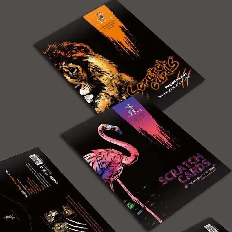 4 Pcs/Set A4 DIY Manual Scraping Painting Colorful Realistic Cartoon Animals Lion Wolf Flamingo Night View Scratch Drawing thumbnail 2