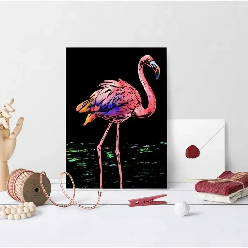 4 Pcs/Set A4 DIY Manual Scraping Painting Colorful Realistic Cartoon Animals Lion Wolf Flamingo Night View Scratch Drawing thumbnail 6