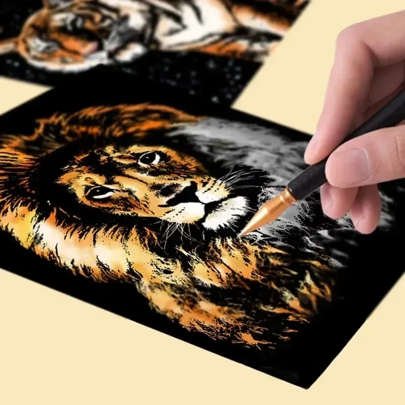 4 Pcs/Set A4 DIY Manual Scraping Painting Colorful Realistic Cartoon Animals Lion Wolf Flamingo Night View Scratch Drawing thumbnail 4
