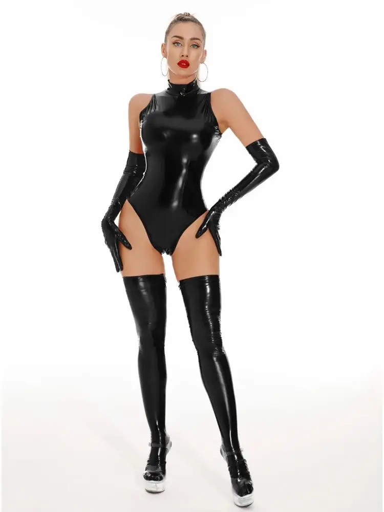 Sleeveless Wet Look PVC Catsuit Shiny PU Leather Bodysuit Tights Sexy Body Teddies Cosplay Clubwear Swimsuit Unitard Swimwear thumbnail 2