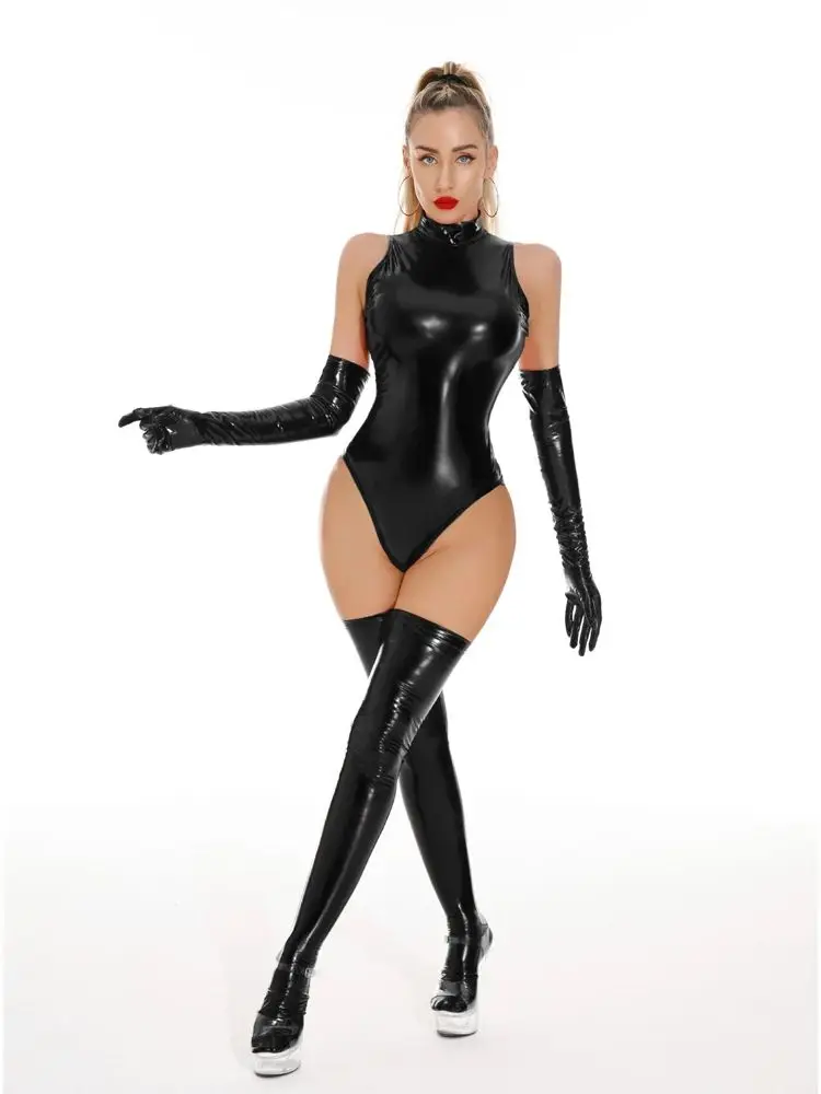 Sleeveless Wet Look PVC Catsuit Shiny PU Leather Bodysuit Tights Sexy Body Teddies Cosplay Clubwear Swimsuit Unitard Swimwear thumbnail 4