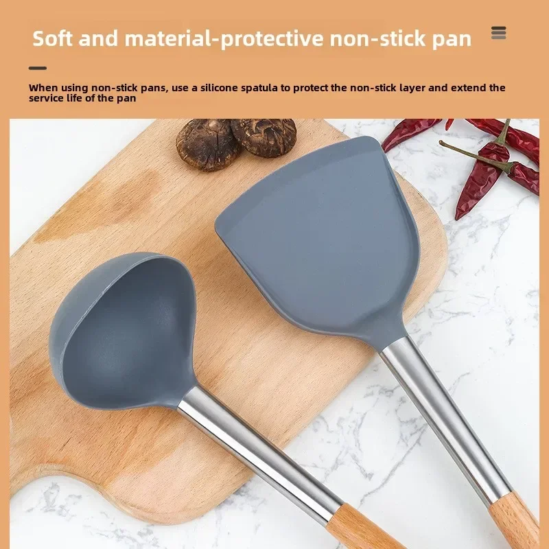 Silicone kitchen utensils, silicone spatula, wooden handle, silicone spatula, silicone soup spoon, leak spatula, non-stick pan thumbnail 4