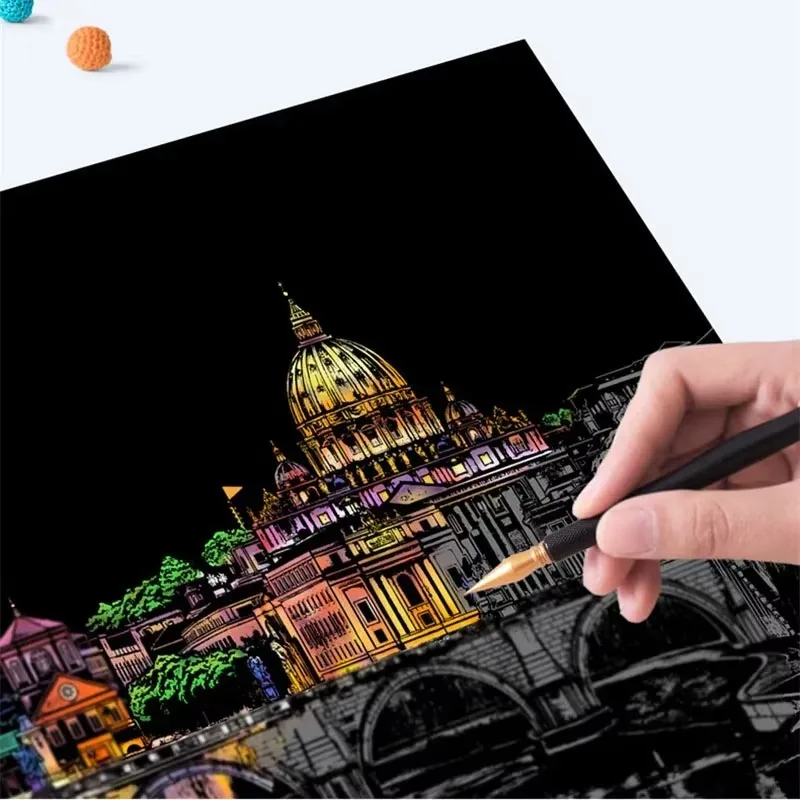 4 Pcs/Set A4 DIY Scraping Painting Creative World Famous Landscape City Building Animals Scratch Painting Drawing Toys thumbnail 6