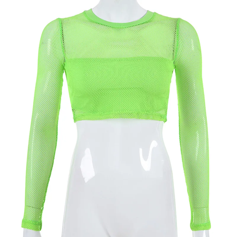BKLD Crop Top And Skirt Set Outfit Tracksuit For Women Summer Clubwear Sheer Mesh Long Sleeve Mini Skirts Neon Two Piece Set thumbnail 5