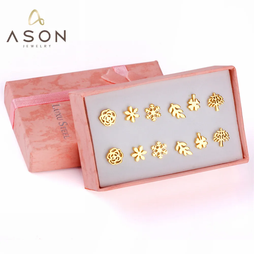 ASONSTEEL 6 Pairs/Box Vintage Stud Earrings Set for Women, Snowflake Piercing, Stainless Steel, Modern Gold Color, New Surgical thumbnail 2