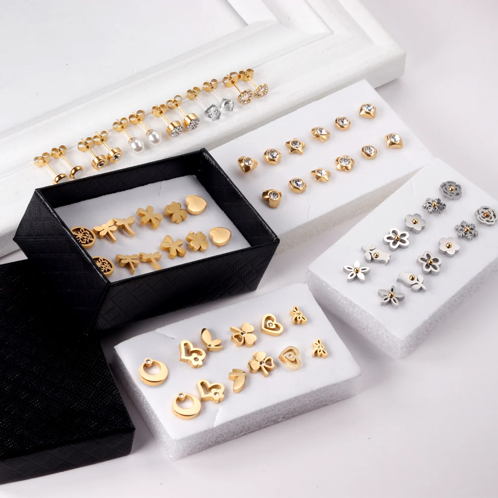 ASONSTEEL 6 Pairs/Box Vintage Stud Earrings Set for Women, Snowflake Piercing, Stainless Steel, Modern Gold Color, New Surgical thumbnail 6
