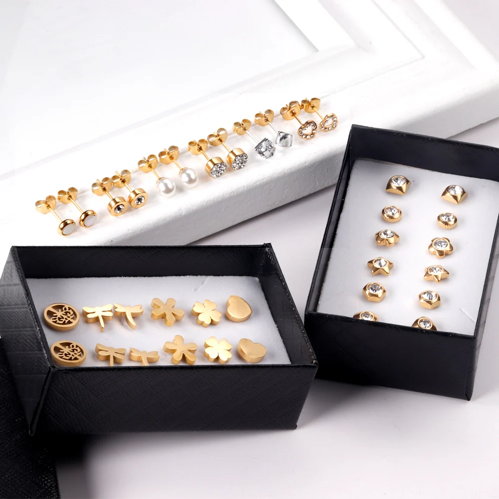 ASONSTEEL 6 Pairs/Box Vintage Stud Earrings Set for Women, Snowflake Piercing, Stainless Steel, Modern Gold Color, New Surgical thumbnail 5